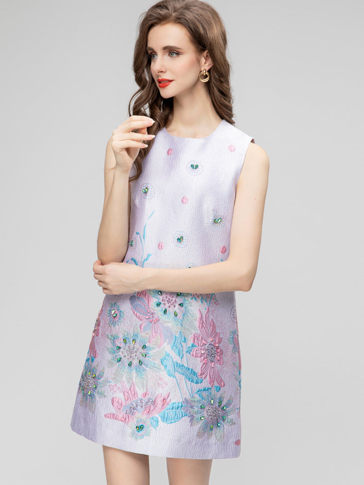 Printed Sleeveless Short Jacquard Dress Women