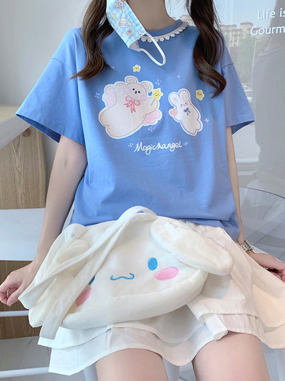 T-shirt à manches courtes en dentelle, ours volant, fille douce et mignonne, imprimé sœur douce