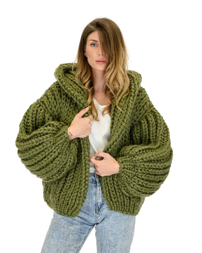 Loose And Hooded Cardigan Coat Handmade Knitting Needle Women's Knitted Sweater