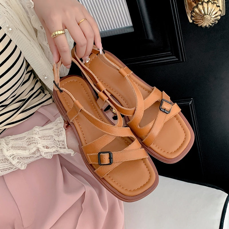 Retro Cross Strap Genuine Leather Open Toe Sandals Stylish Low Heel Roman Style Beach Shoes