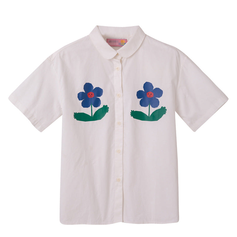 Camisa blanca de verano con estampado de flores, camisa holgada de manga corta para mujer