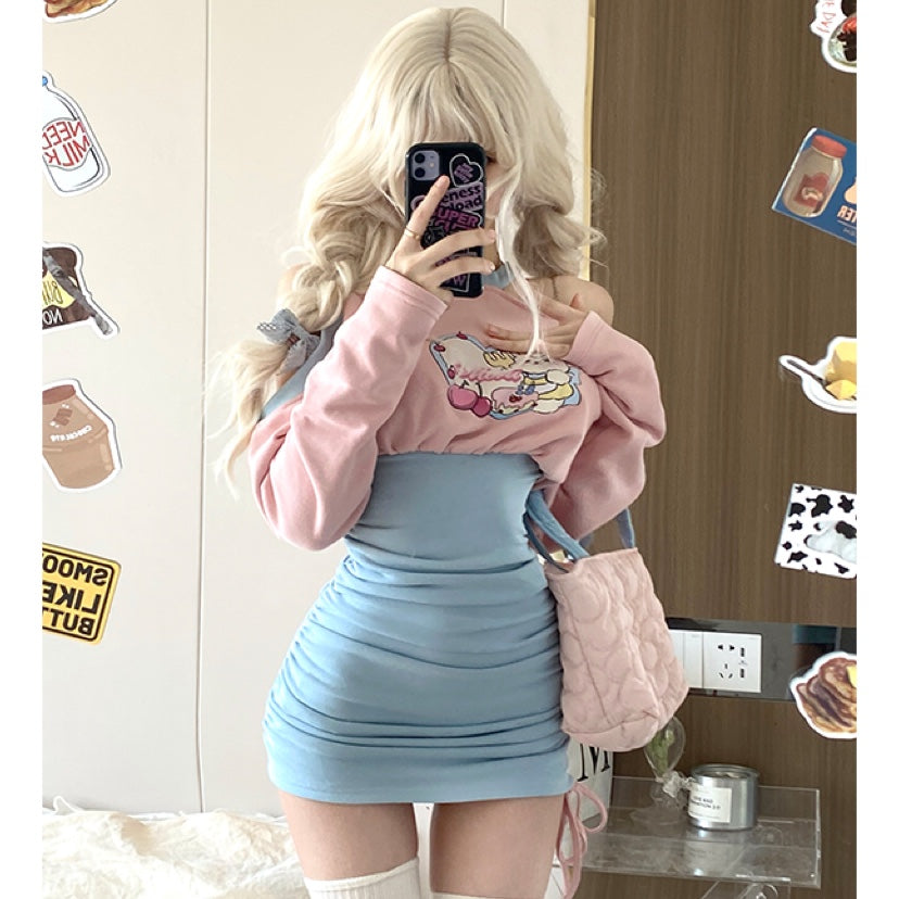 Women's Pink Blue Long Sleeved Slimming Waist Dress