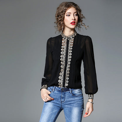 Slim Fit And Slim Heavy Embroidery Blouse With Suspenders