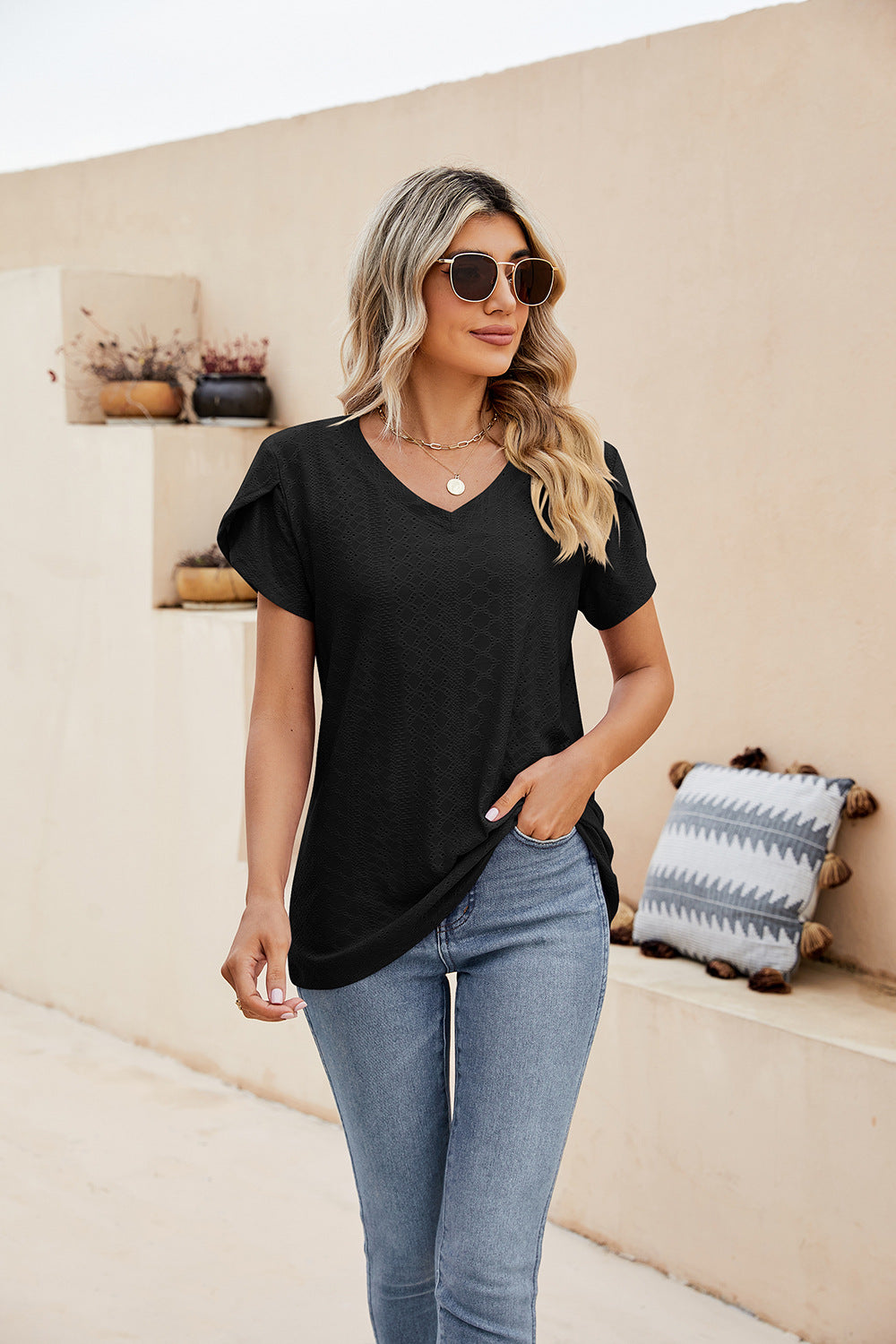 Eyelet Petal Sleeve V-Neck Knit Top