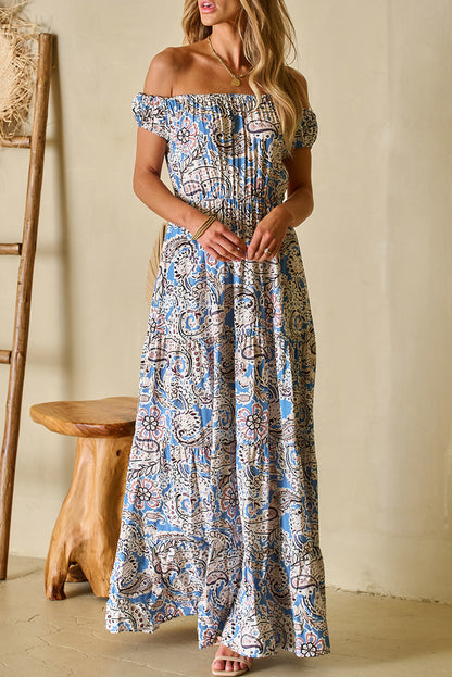 Robe longue bleue à épaules dénudées et imprimé cachemire style bohème