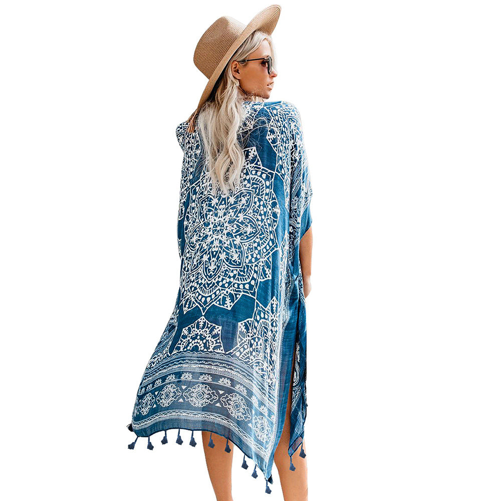 Women's shawl with tassel print cardigan