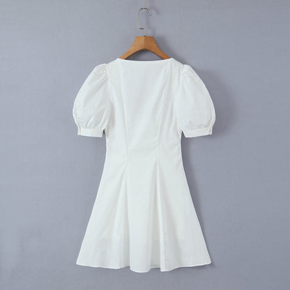 French Retro Square Collar Single Breasted Puff Short Sleeve Dress