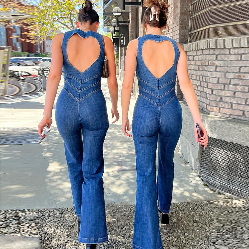 Women's Fashion Slim And Thin Retro Style High-waisted Denim Jumpsuit