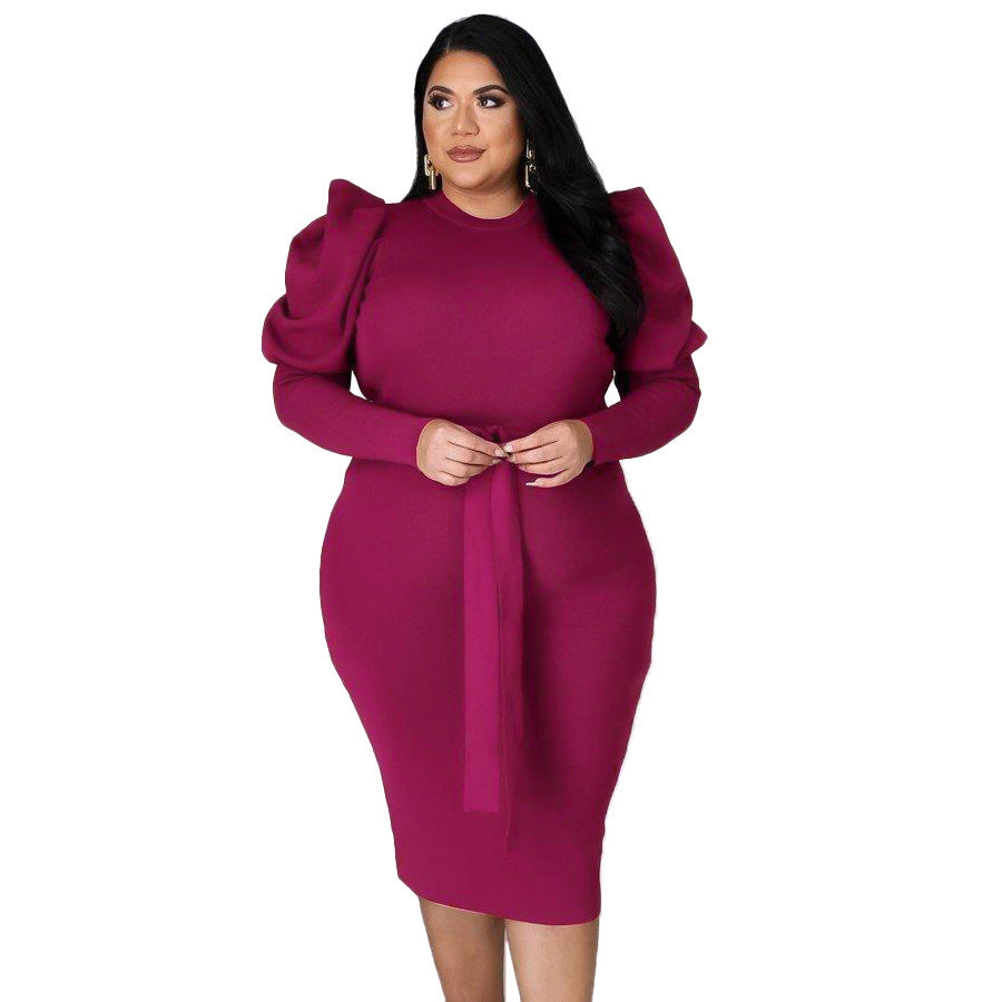 Women's Long Sleeve Belt Slim Fit Plus Size Dress