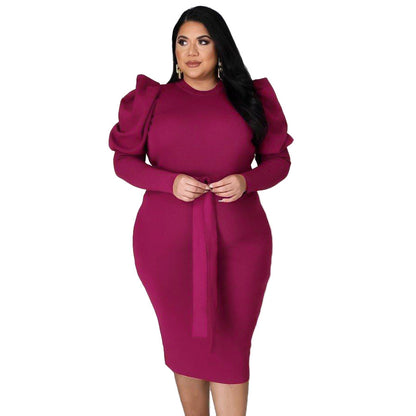 Women's Long Sleeve Belt Slim Fit Plus Size Dress