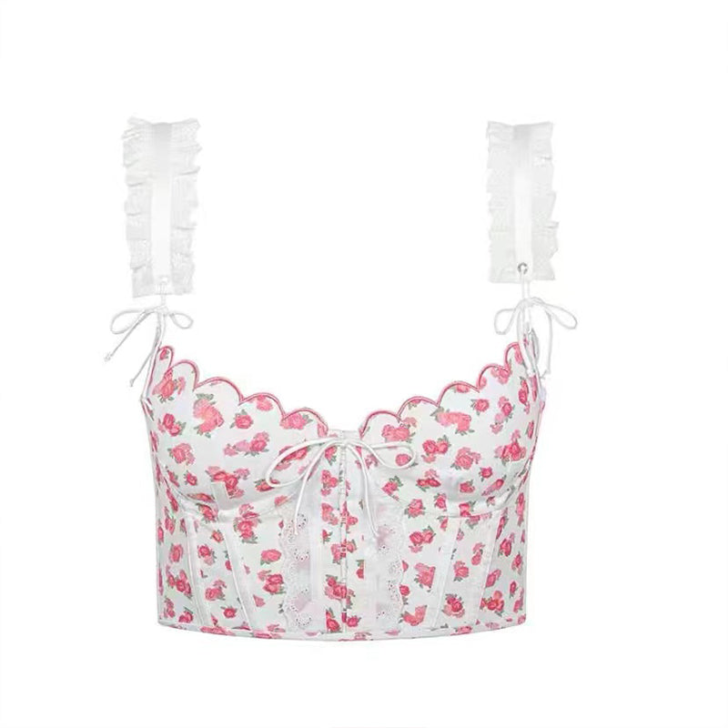 Camisola con tirantes para el hombro con volantes y corsé sexy floral rosa romántico