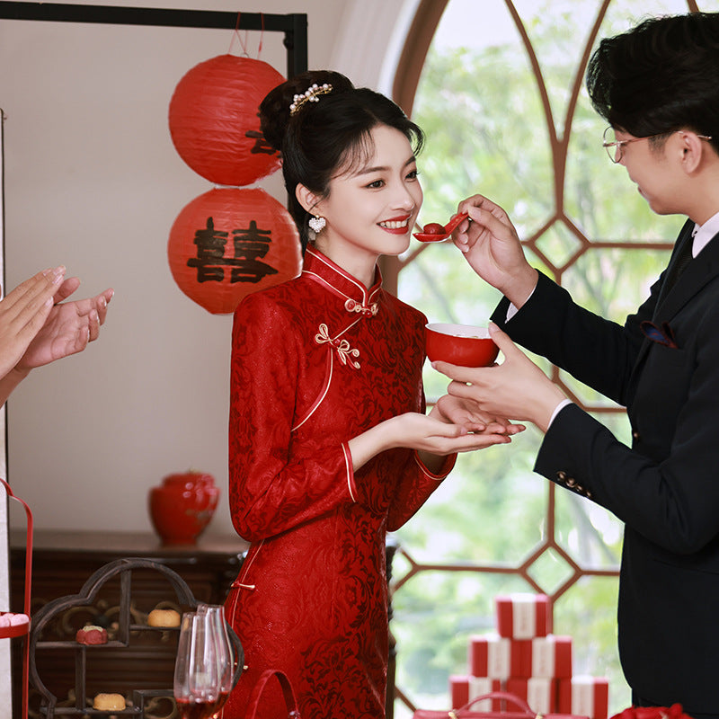 Robe de mariée rouge à trois composites, Cheongsam longue et cintrée pour réunion annuelle