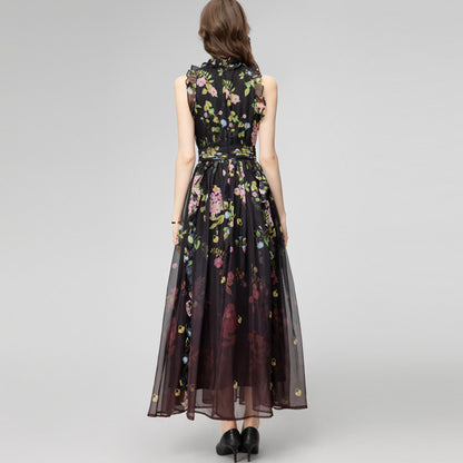 Printed Ruffled Stitching Sleeveless Pleated Chiffon Long Dress