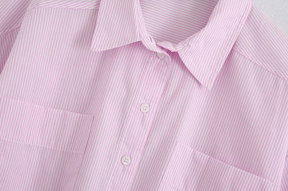 Striped short-sleeved lapel double-pocket single-breasted shirt