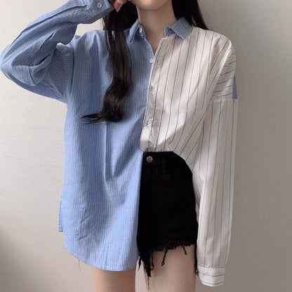 Lapel Contrast Stitching Loose Casual Striped Shirt Women