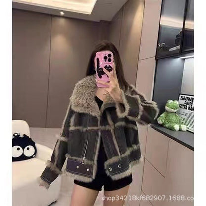 Women's Young Lamb Wool Short Stitching Coat