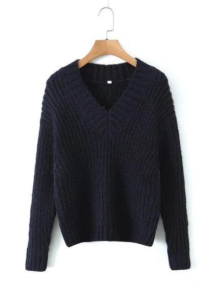 Simple All-in-one Solid Color V-neck Long Sleeve Sweater Sweater Woman