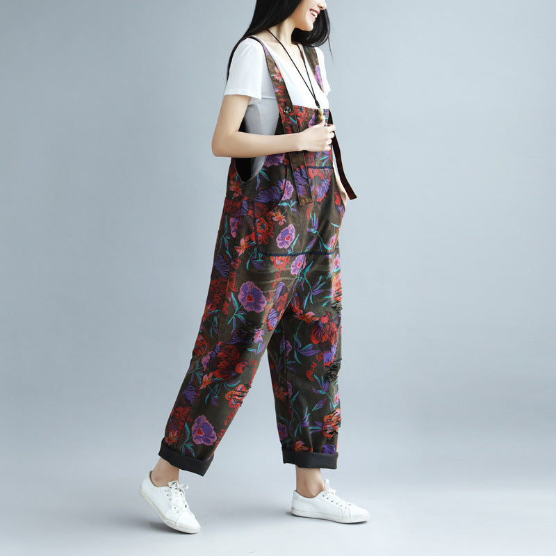 Print Distressed Big Crotch Ripped Pastoral Style Suspender Pants