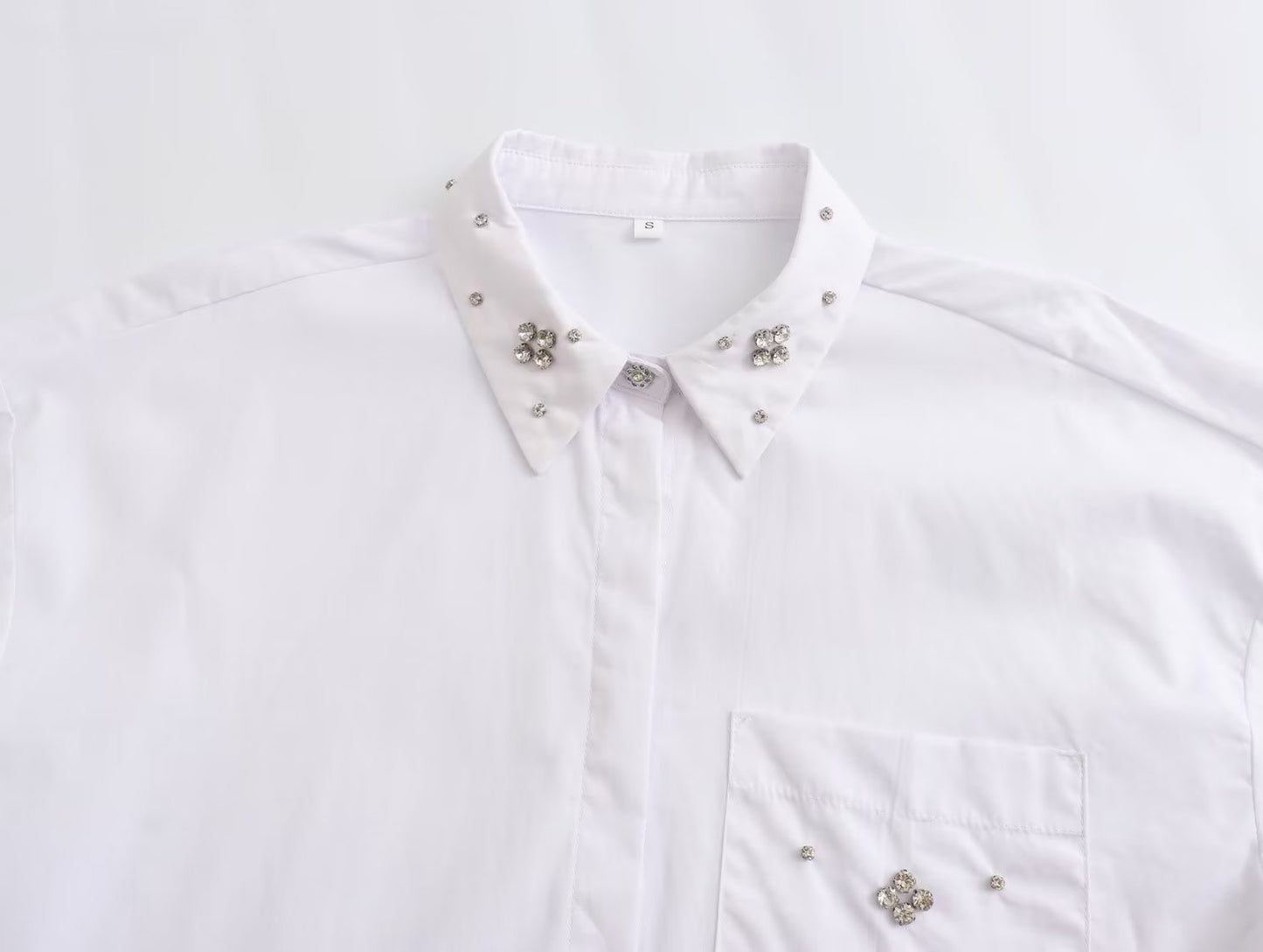 New Artificial Jewelry White With Lapel Cotton Poplin Shirt Top