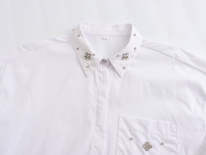 New Artificial Jewelry White With Lapel Cotton Poplin Shirt Top