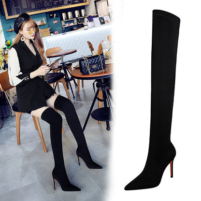 European And American Style Fashion High Heel Elastic Stiletto Heel Pointed-toe Skinny Pedicure Over-the-knee Boots