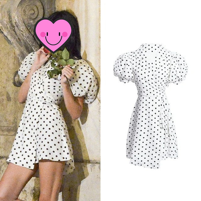 Retro Court Polka Dot Wrap Puff Sleeve Dress