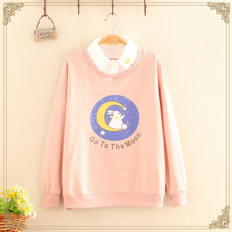 Japanese style lapel print moon rabbit long sleeves