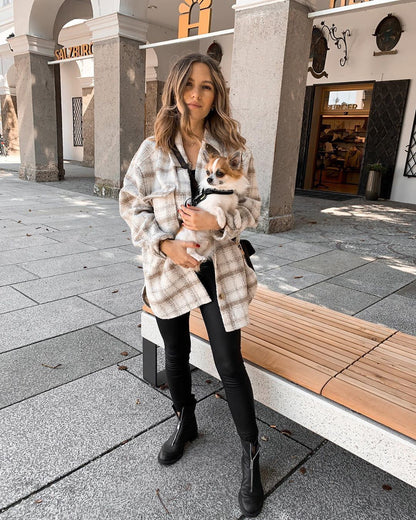 Plaid Woolen Loose Collar Two-Color Coat Women