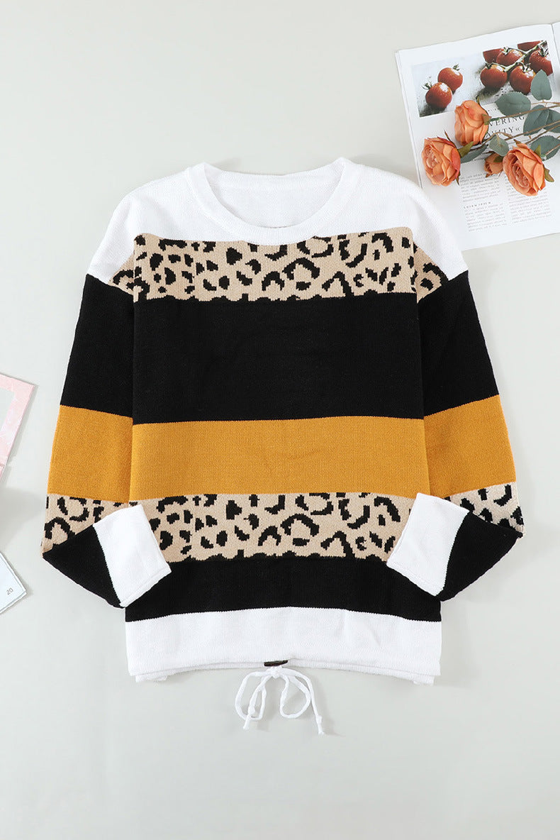 Leopard Print Color Blocking Sweater Women's Long Sleeved Round Neck Pullover Bottoming Shirt