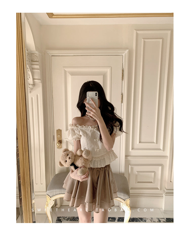 Embroidered Top Bow Knot Waist Short Sleeve Lace Shirt Summer