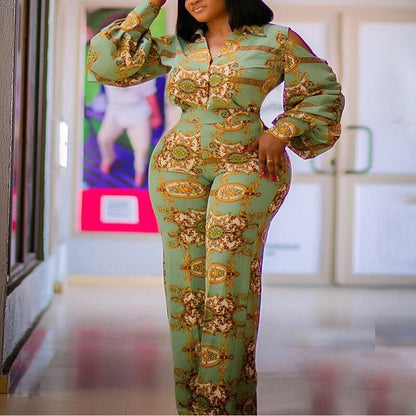 Off Shoulder Lantern Sleeve Stretch Green Digital Print Jumpsuit