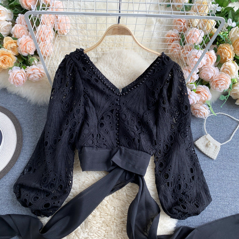 Jacket Female Hollow Lace Puff Sleeve Tie Waist Short Beaded Shirt