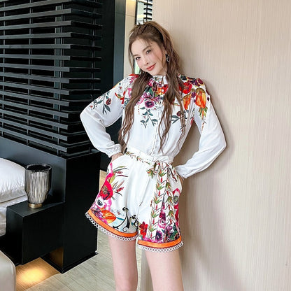 Printed Lantern Sleeve Shirt High Waist Wide Leg Slimming Shorts