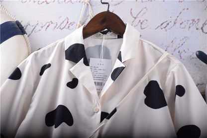 Childlike Cute Cow Letter Print Suit Collar Short Sleeve Chiffon Shirt Free Bag