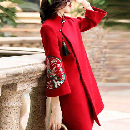 Chinese Style Embroidered Woolen Flared Sleeve Woolen Coat