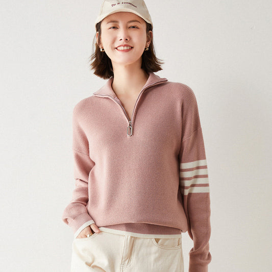 Pull en tricot pour femmes, pull ample, col haut, 7 blocs de couleurs, fermeture éclair, 7 manteaux