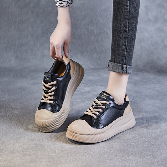 Leather Platform Biscuit Round Toe Platform Lace-up Sports Business Casual Shoes