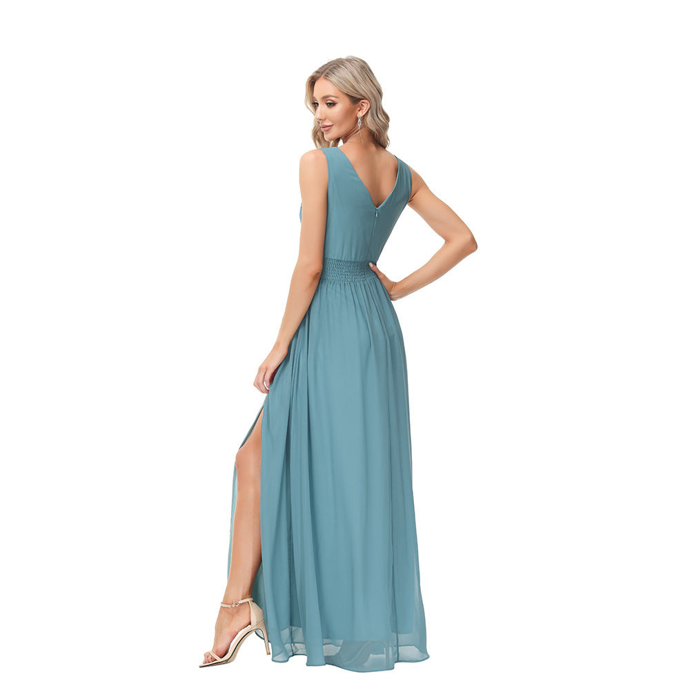 Women's Chiffon Long Dress Double V-neck Sleeveless Evening Dress