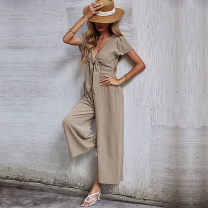 Summer New Hollow Nine-point Cotton And Linen Wide-leg Jumpsuit Women