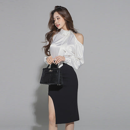 Silk Texture Fashion Loose Shirt Top High Waist Slim Hip Skirt