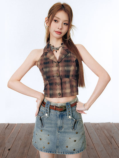 Retro Plaid Worn Vest Sleeveless