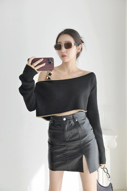 New Style Chain Wrap Long Sleeve Slanted Shoulder Strapless Black Cropped Pullover