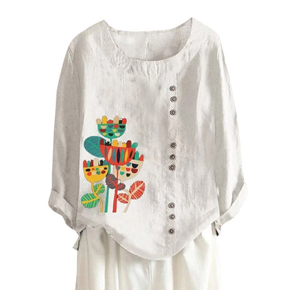 Retro cotton and linen printed loose long-sleeve casual