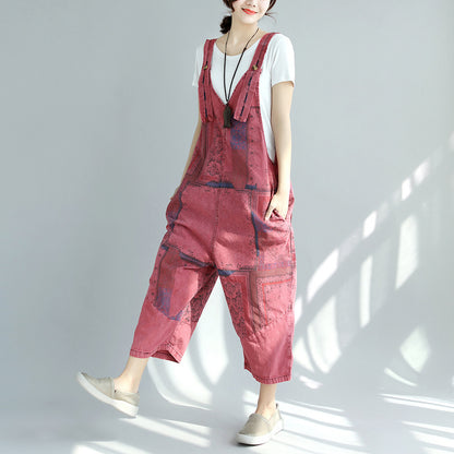 Printed Distressed Cropped Stitching Denim Suspender Pants