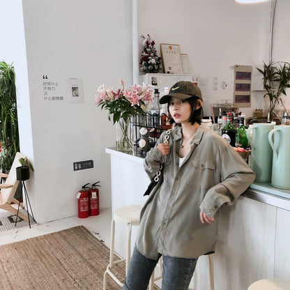 Loose lapel button long sleeve shirt women