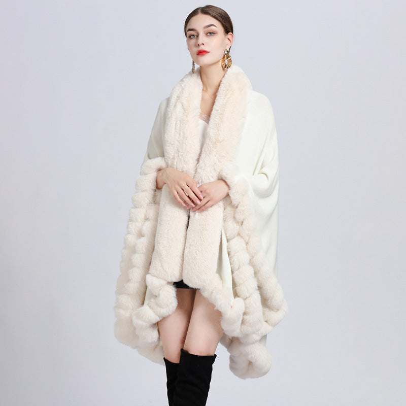 Rex Rabbit Fur Collar Shawl Irregular Oversized Knitted Cardigan Baggy Coat