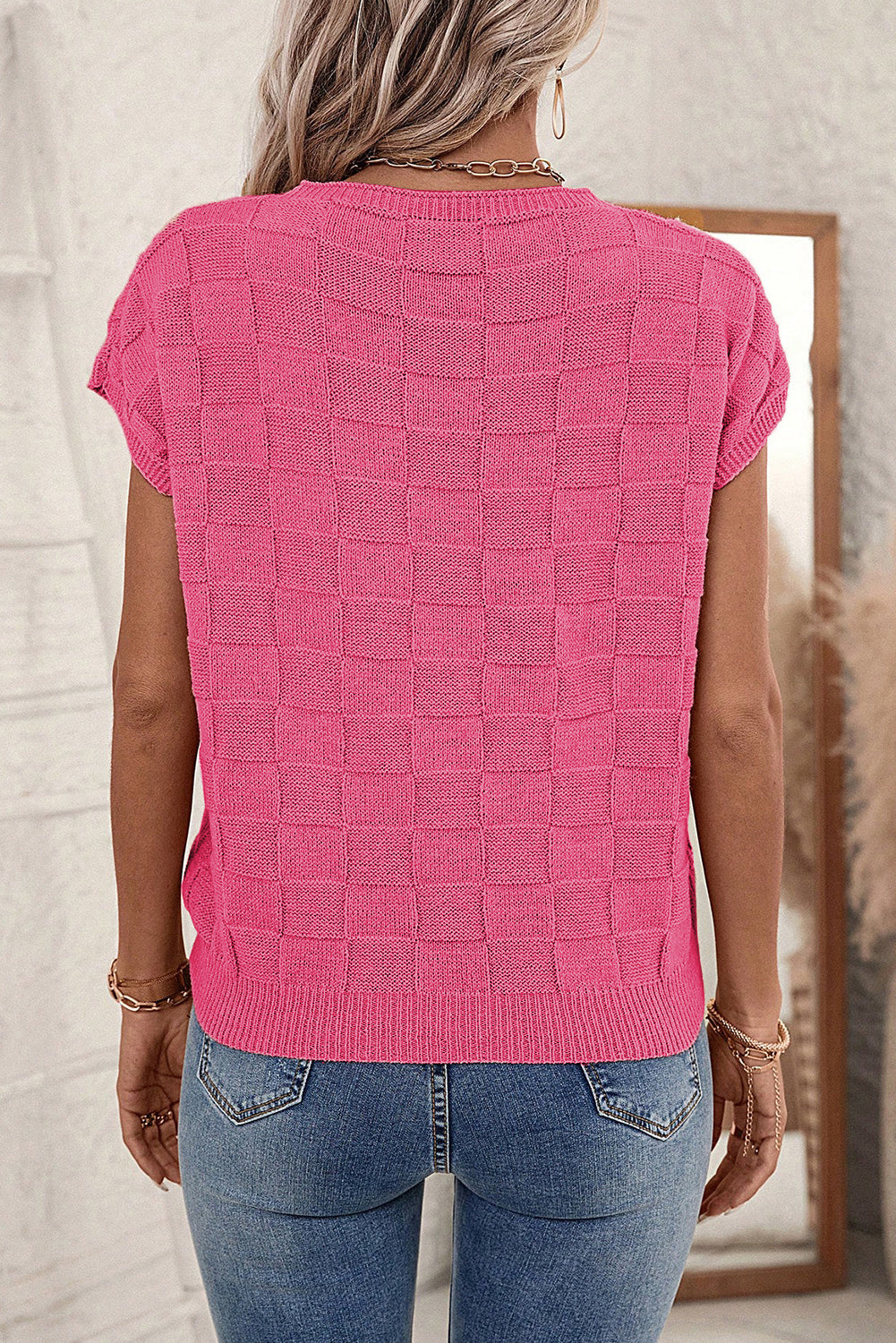 Bright Pink Lattice Textured Knit Short Sleeve Sweater