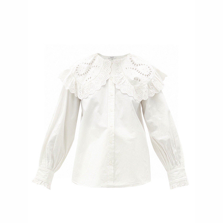 Retro Hollow Embroidered Lotus Leaf Large Lapel White Shirt