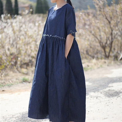 Dark Denim Blue High Waist Pleated Burr Handmade Loose Dress