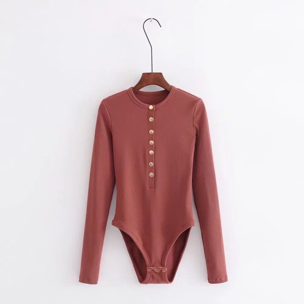 Long-sleeved knitted bottoming shirt buttoned slim bodysuit